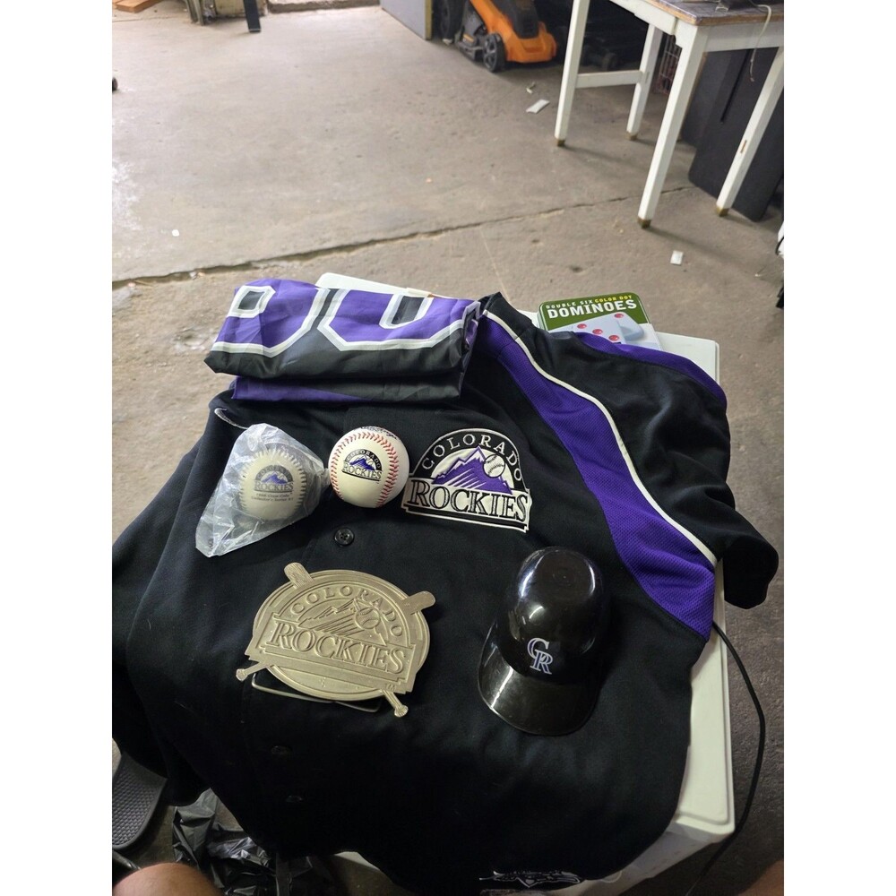 Nike Colorado Rockies MLB Jersey Black/Purple Size XL w/ Baseballs & Mini Helmet